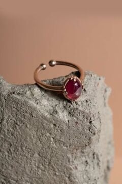 Doğal Yakut Taşlı Minimal Gümüş Ayarlanabilir Kadın Yüzük Rose Rengi - 9