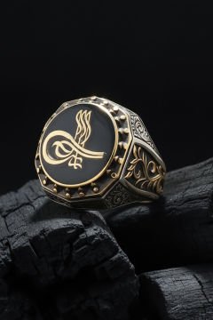 Tuğra Mineli Gravür Sarmaşık Model Gümüş Yüzük