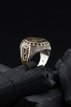 Tuğra Mineli Gravür Sarmaşık Model Gümüş Yüzük