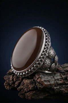 Büyük Boy Akik Taşlı Özel Tasarım Erkek Gümüş Yüzük