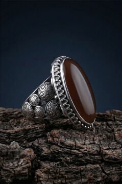 Büyük Boy Akik Taşlı Özel Tasarım Erkek Gümüş Yüzük