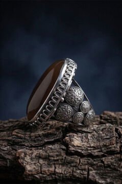 Büyük Boy Akik Taşlı Özel Tasarım Erkek Gümüş Yüzük