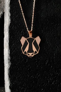 Panda Model Siyah Mineli Gümüş Kolye Rose Rengi