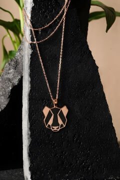 Panda Model Siyah Mineli Gümüş Kolye Rose Rengi