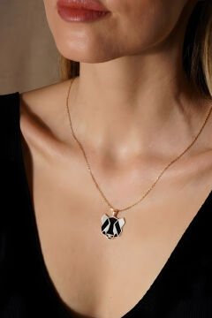 Panda Model Siyah Mineli Gümüş Kolye Rose Rengi
