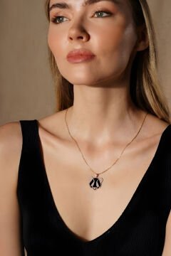 Panda Model Siyah Mineli Gümüş Kolye Rose Rengi