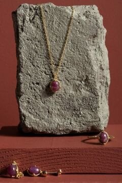 Doğal Yakut Taşlı Minimal Gümüş Kadın Takı Seti Altın Rengi - 11