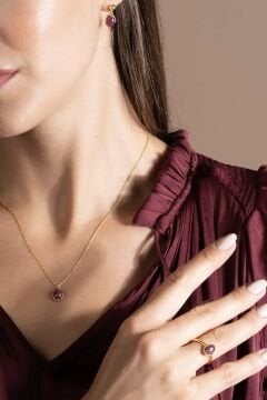 Doğal Yakut Taşlı Minimal Gümüş Kadın Takı Seti Altın Rengi - 11