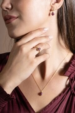 Doğal Yakut Taşlı Minimal Gümüş Kadın Takı Seti Altın Rengi - 11