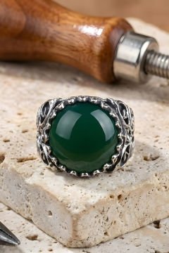 Kadim Model El İşi Yeşil Akik Taşlı Gümüş Yüzük