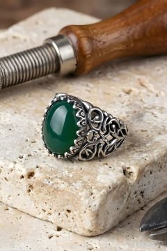 Kadim Model El İşi Yeşil Akik Taşlı Gümüş Yüzük