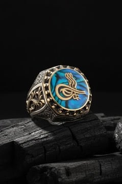 Okyanus Sedefi Tuğra Gravür Sarmaşık Yüzük