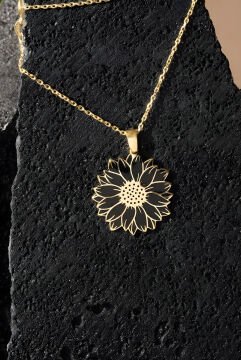 Papatya Model Siyah Mineli Gümüş Kolye Altın Rengi