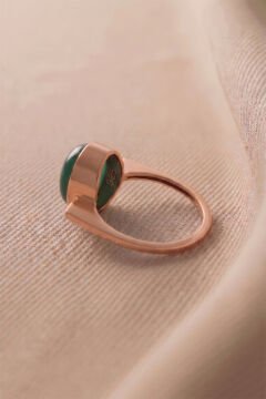 Geometrik Tasarım Yeşil Akik Taşlı Kadın Gümüş Yüzük 23 - Rose Rengi