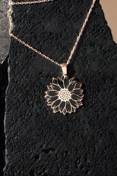 Papatya Model Siyah Mineli Gümüş Kolye Rose Rengi
