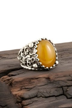Sarı Akik Taşlı El İşi Gümüş Yüzük