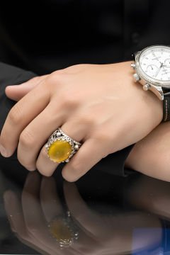 Sarı Akik Taşlı El İşi Gümüş Yüzük