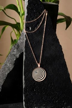 Yuvarlak Desenli Model Siyah Mineli Gümüş Kolye Rose Rengi