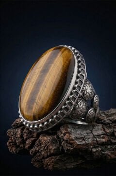 Büyük Boy Kaplangözü Taşlı Özel Tasarım Erkek Gümüş Yüzük