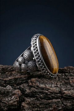 Büyük Boy Kaplangözü Taşlı Özel Tasarım Erkek Gümüş Yüzük