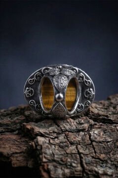 Büyük Boy Kaplangözü Taşlı Özel Tasarım Erkek Gümüş Yüzük