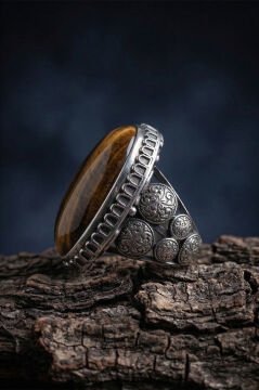 Büyük Boy Kaplangözü Taşlı Özel Tasarım Erkek Gümüş Yüzük