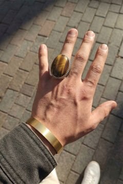 Büyük Boy Kaplangözü Taşlı Özel Tasarım Erkek Gümüş Yüzük