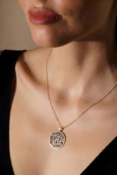 Yuvarlak Sarmaşık Desenli Siyah Mineli Gümüş Kolye Rose Rengi